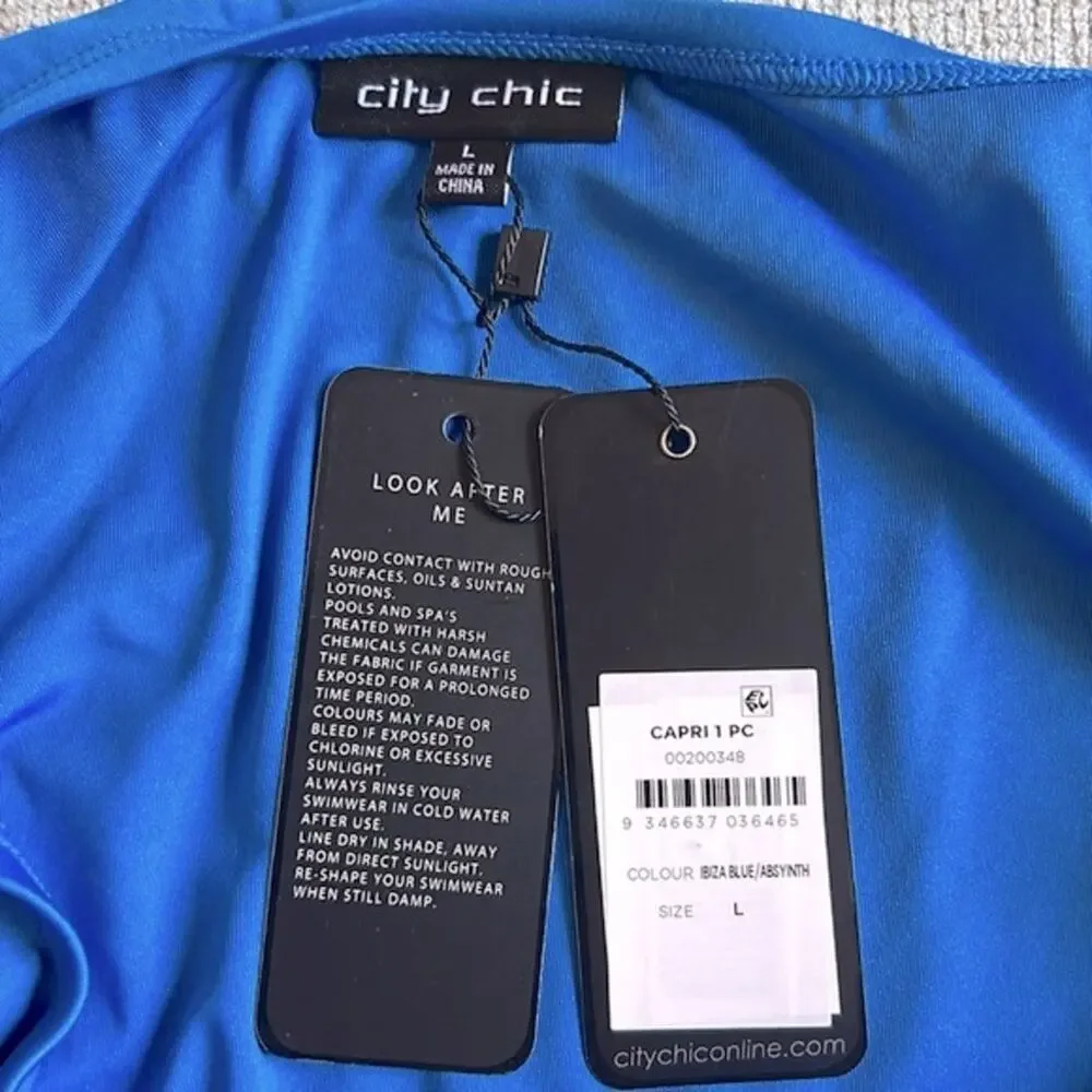 NWT City Chic Capri Ibiza blue and Absynth green sash one shoulder swimsuit, 20